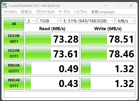 10年物外付けHDDのCrystalDiskMark測定結果。連続読み出し73MB/s