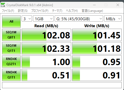 8年物HDDのCrystalDiskMark測定結果。連続読み出し102MB/s