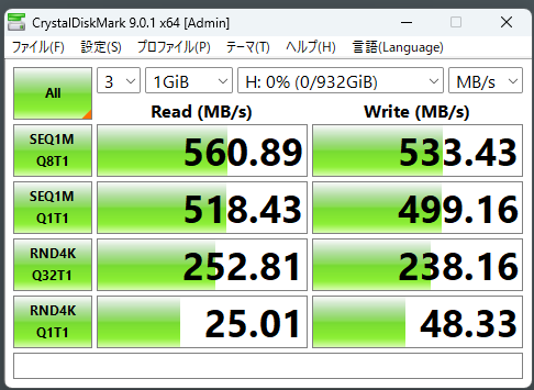 中古SSDのCrystalDiskMark結果。読み出し561MB/s、書き込み533MB/s