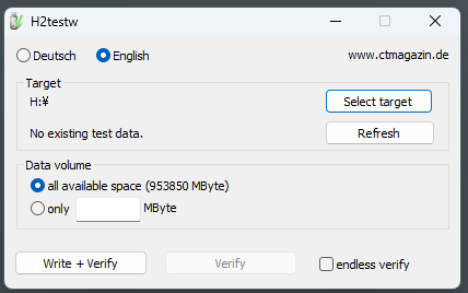 H2testwの設定画面。対象ドライブと全容量を選択