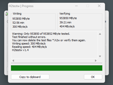 H2testw合格画面。Test finished without errors