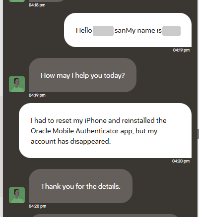 Oracleサポートチャットの冒頭。認証アプリのアカウントが消えたと伝えている画面
