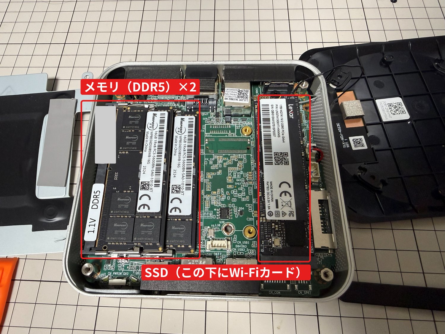 GEEKOM A8の内部。メモリ2枚とSSDを赤枠で囲み、名前を書き込んでいる