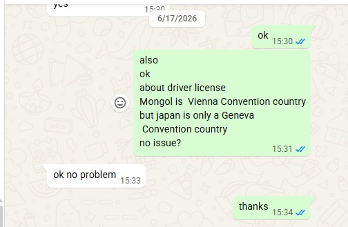 WhatsAppの画面。モンゴルはウィーン条約国だが日本はジュネーブ条約のみ、問題ないかという質問に対し「ok no problem」とだけ返信されている