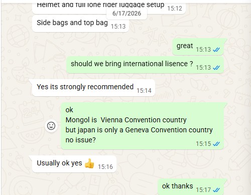 WhatsAppの画面。国際免許を持参すべきかの問いに strongly recommended と答え、条約の不整合を指摘されると Usually ok yes に変わっている