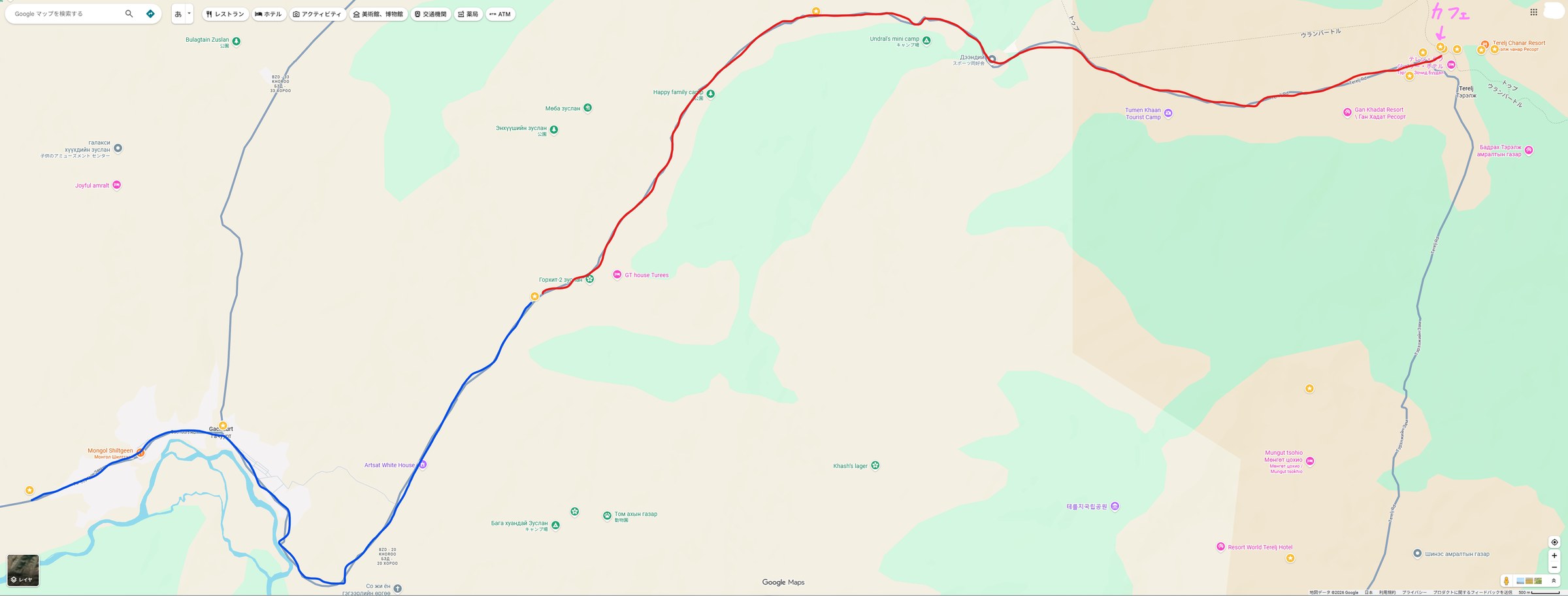 同じルートをGoogleマップの標準地図で表示したもの。ごく普通の道に見える