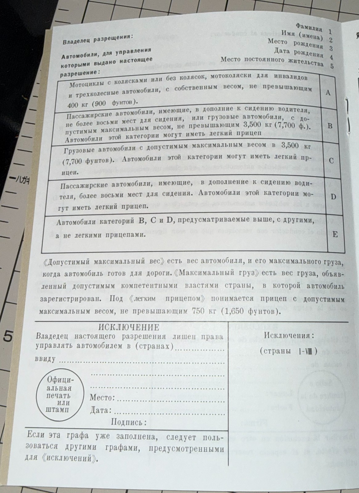 日本の国外運転免許証のロシア語ページ。運転できる車種の区分がキリル文字で印刷されている