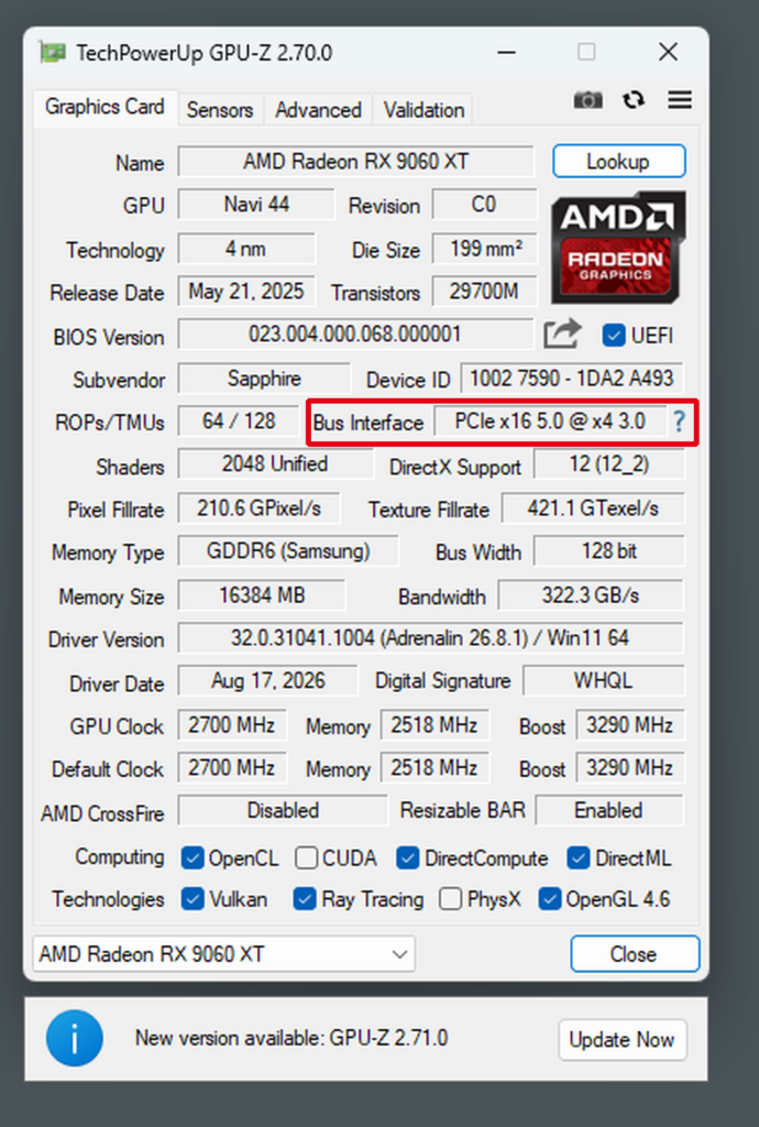 GPU-ZでRX 9060 XTを表示した画面。Bus Interfaceの欄（PCIe x16 5.0 @ x4 3.0）を赤枠で囲っている